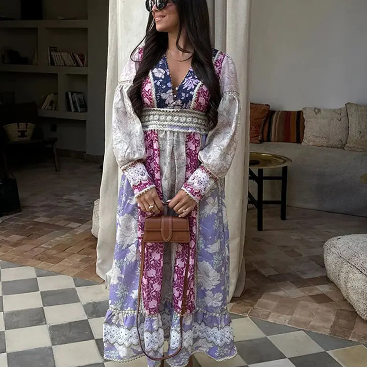 Fashion Patchwork Print Maxi Dress Women Long Sleeve V Neck High Waist Vestidos Female Vacation Party Club Robes