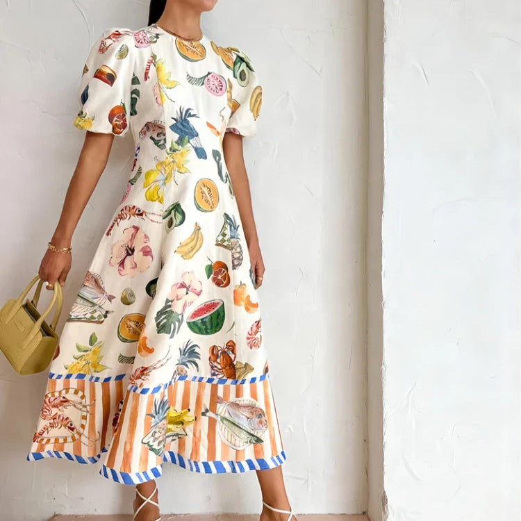 Holiday Beach Style Fruit Maxi Dresses NEW Summer Trendy and Unique Graffiti Print Bodycon Versatile Dress for Women