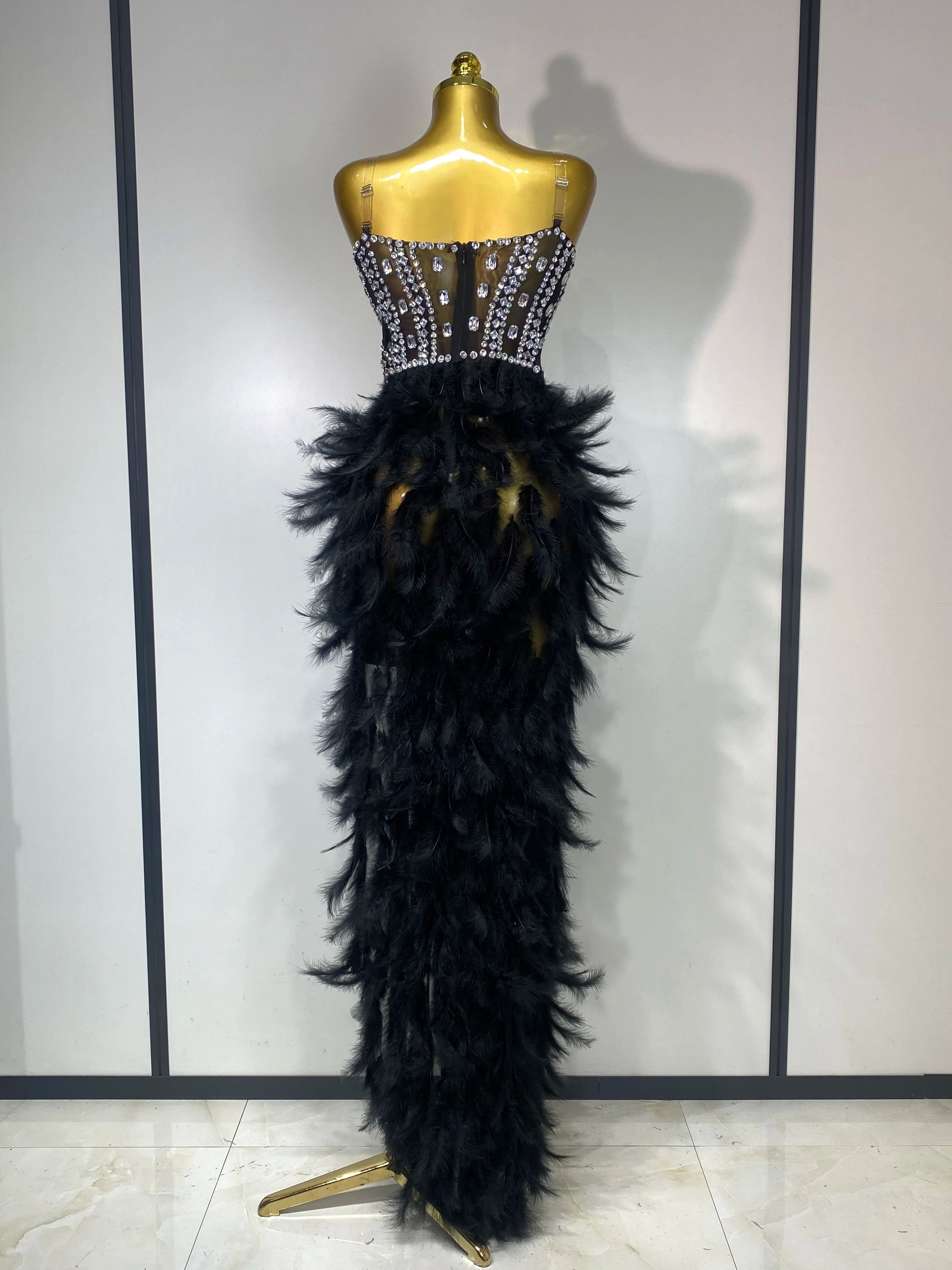 Luxury Birthday Evening Party Long Dress Women Sexy High Slit Backless Gowns Diamonds Feather Patchwork Stage Perform Costume