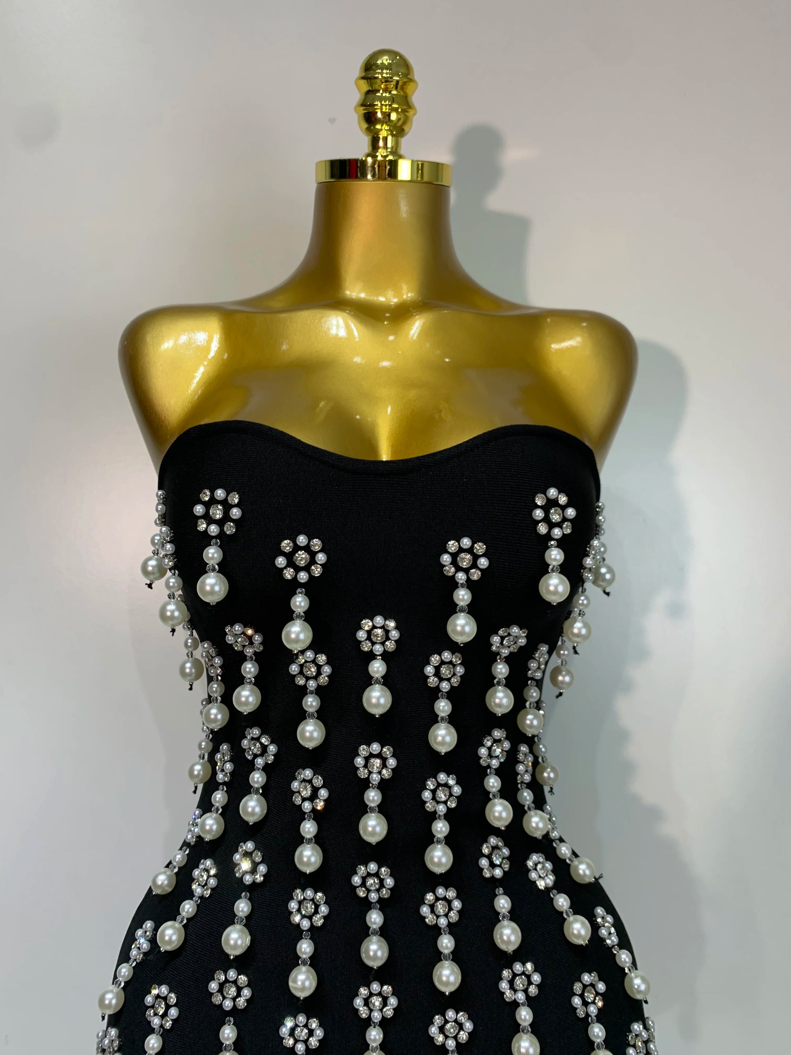 High Qualit Pearl Rhinestones Bodycon Strapless Mini Dress Women Sexy Backless Fashion Evening Party Club Luxury Birthday Dress
