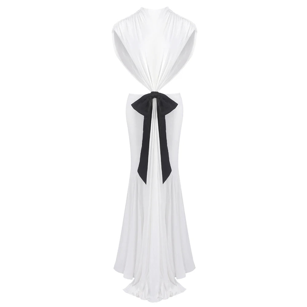 Stylish Chic White Halter Sleeveless Backless Cutout with Bow Detail Maxi Dress Evening Gown WHITE