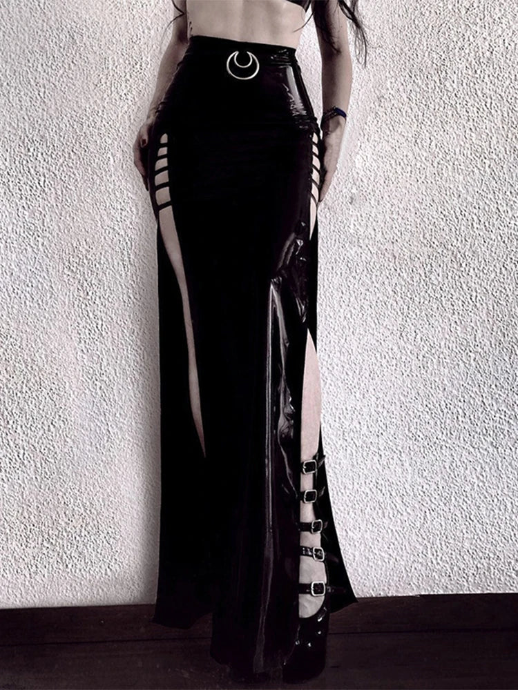 Lautaro Spring Soft Shiny Reflective Black Faux Leather Maxi Skirt Women with Double High Slit Dark Academia Y2K Clothes 2025 Black