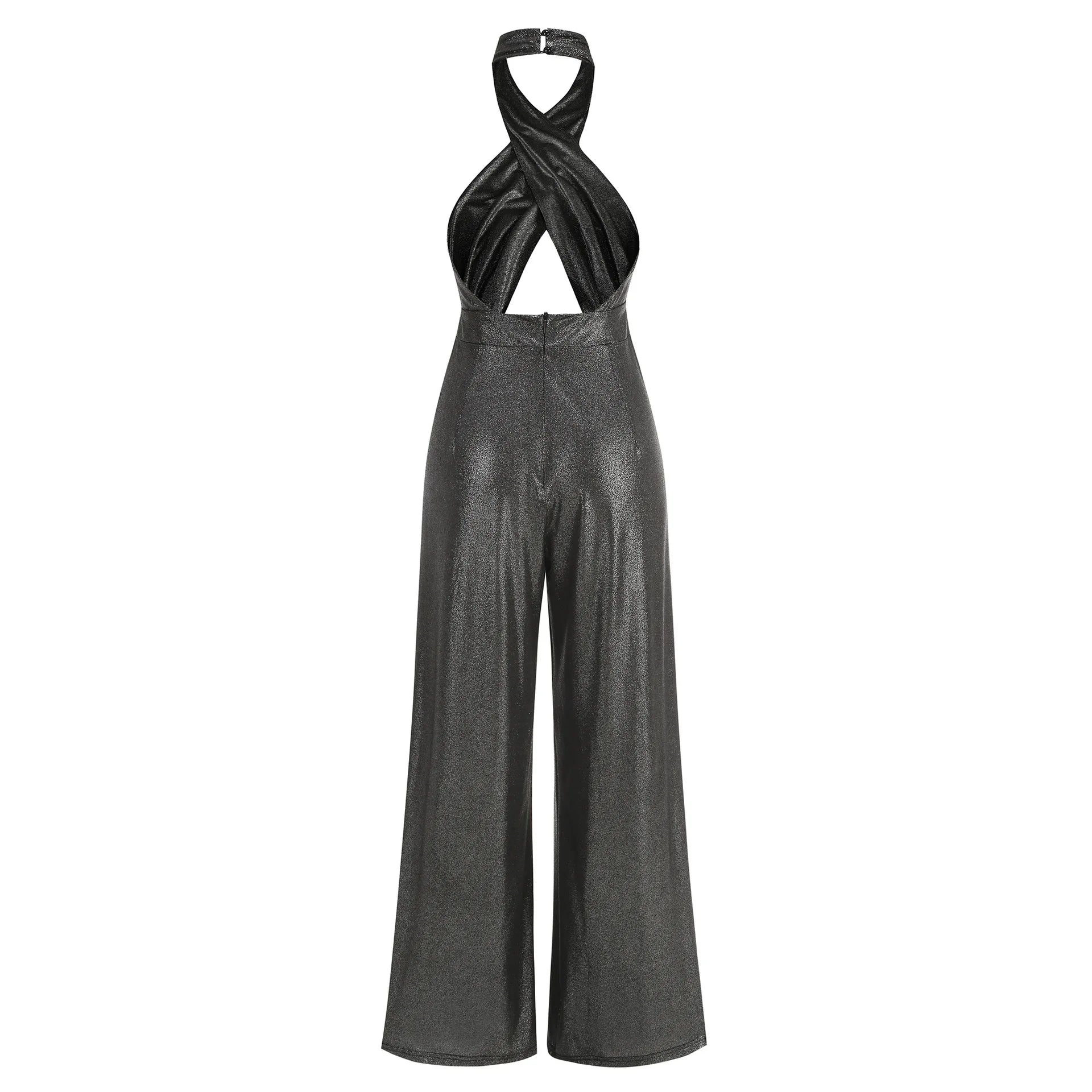 Silver Color Women Sexy Halter Backless Keyholes Slim Jumpsuit Celebrate Nightclub Party Birthday Vacation Fashion Wear