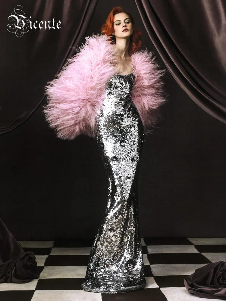 Women's Elegant Silver Sequins Slip Long Dress Sleeveless 3D Flowers Embellished Cocktail Party Evening Gown