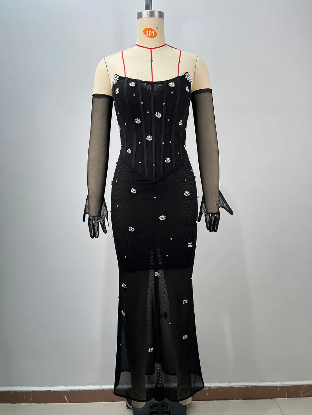 2025 Women'S Light Luxury Nail Bead Chiffon Dress Strapless Sleeveless Glove Design Bodycon Backless Black Long Dresses Vestidos black