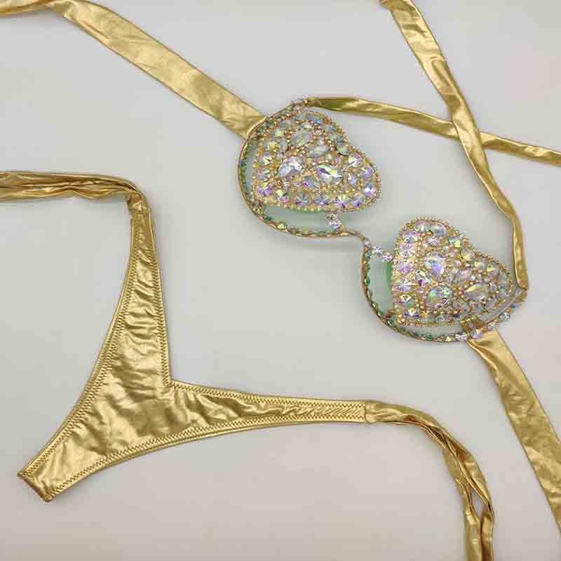 Rhinestone Bikini Sexy Women Swimwear 2024 Newest Push Up Female Swimsuit Manual Crystal Diamond Bathing Suit Gold