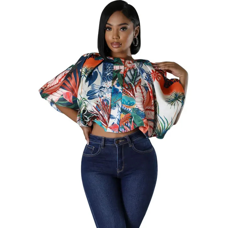 Summer Street Women Shirts Fashion Ruched Short Puff Sleeve Mini Blouse 2024 Street Print Casual Holiday Shirts Tops Blue