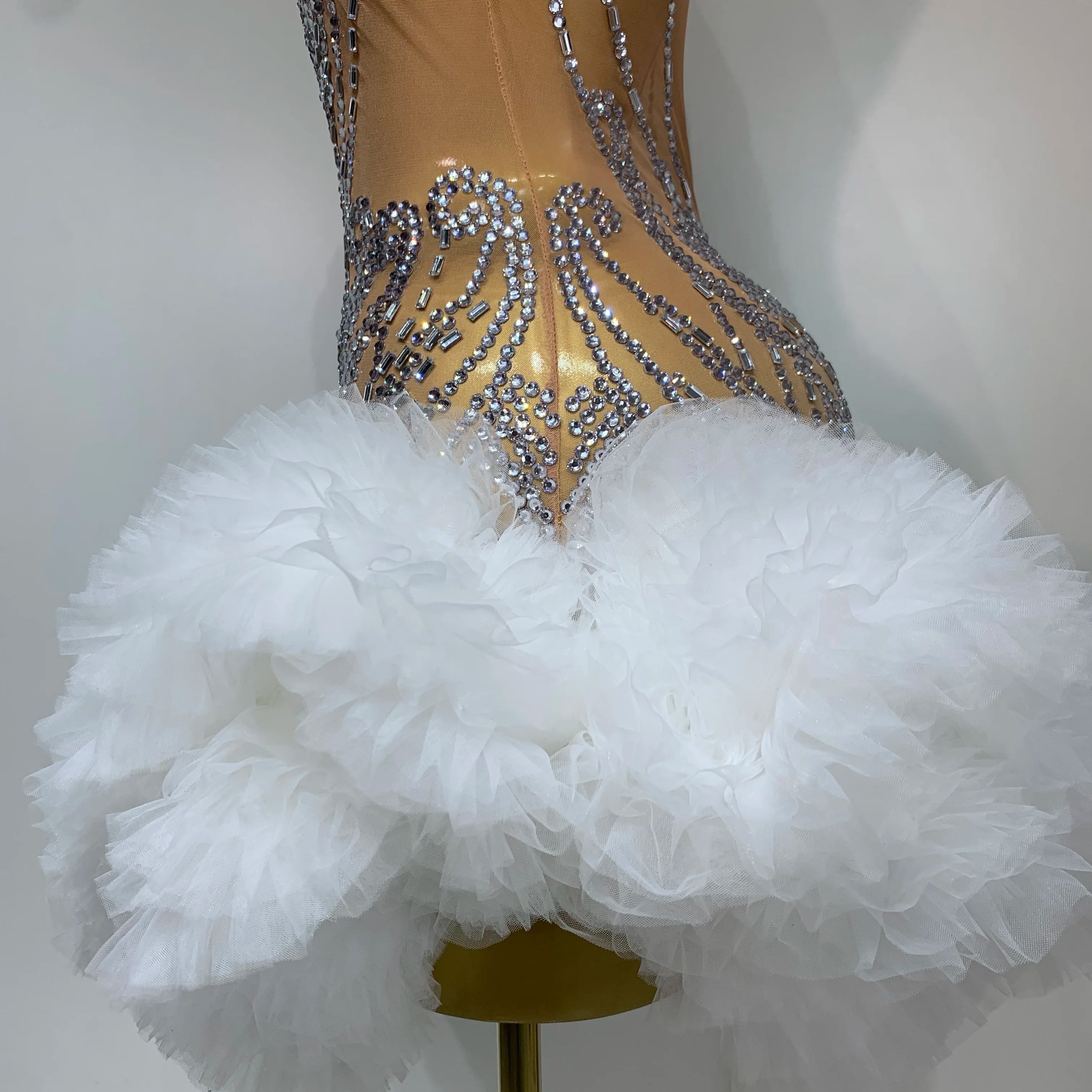 Luxury Women Sexy Sparkly Rhinestone Sleeveless Mesh See Through Bodycon Mini Birthday Dress Evening Party Performance Costume