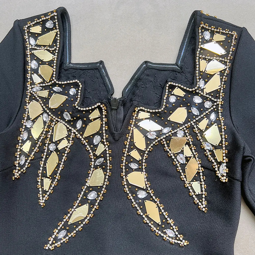 2024 Women's Heavy Industry Nail Bead Design Bandage Dress V-neck Long Sleeve Bodycon Split Length Dresses Club Party Vestido