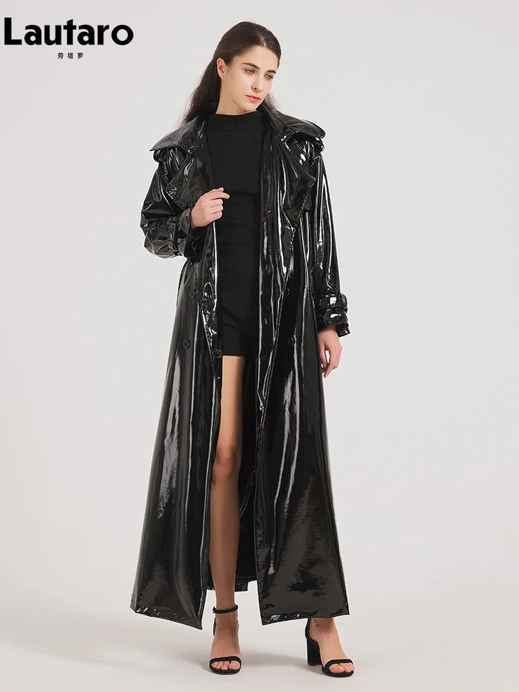 Spring Autumn Extra Long Black Shiny Reflective Soft Stretchy Patent Leather Trench Coat for Women Maxi Overcoat 2024