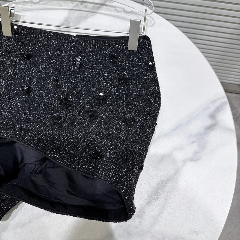 Winter New Fashion Sequin Flower Embroidery Tweed Short Pants For Women High Waist Wide-leg Shorts Female 11A07658