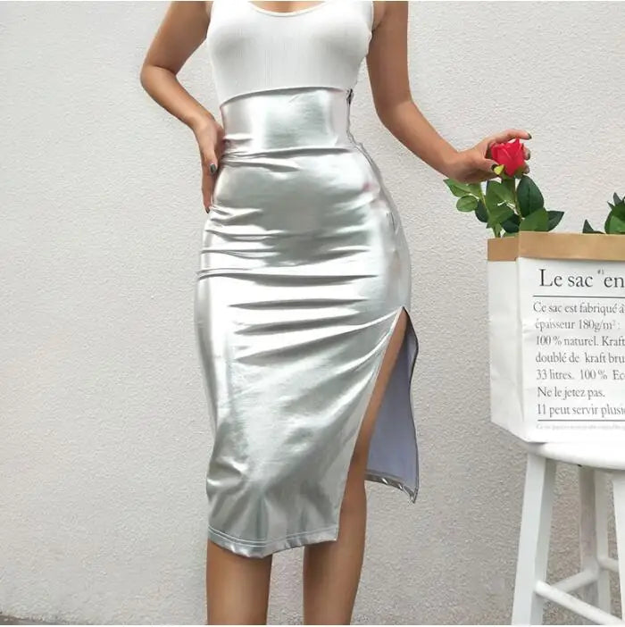 Sexy bodycon split silver skirt Women high waist skirt winter Female Elegant Fashion party bottom long skirts