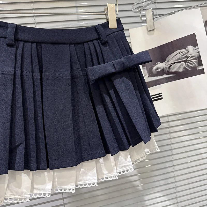 Winter New Fashion Bowknot Contrast Color Hem Thickened Pleated Skirt Short For Women A-Line Skirts Female 11A07471