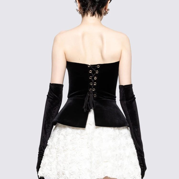 Vintage Glam Party Three-Pieces Strapless Mini Dress Outfit Black Velvet Bustier & White Floral Skirt