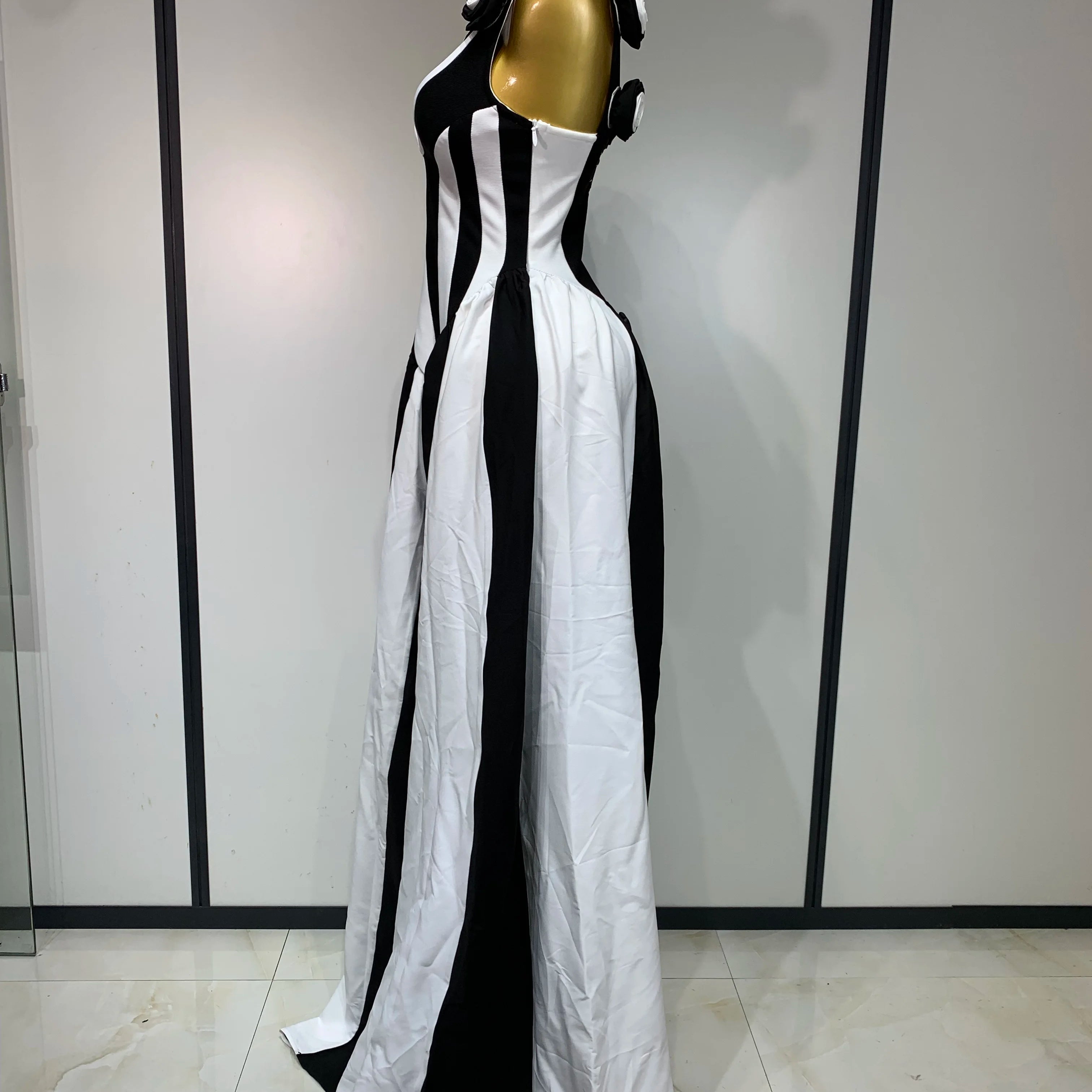 Sexy High fork Sleeveless Bandage Dress Women Flower Black White Stripe Long Dresses Vacation Party Elegangt Party Club Dresses