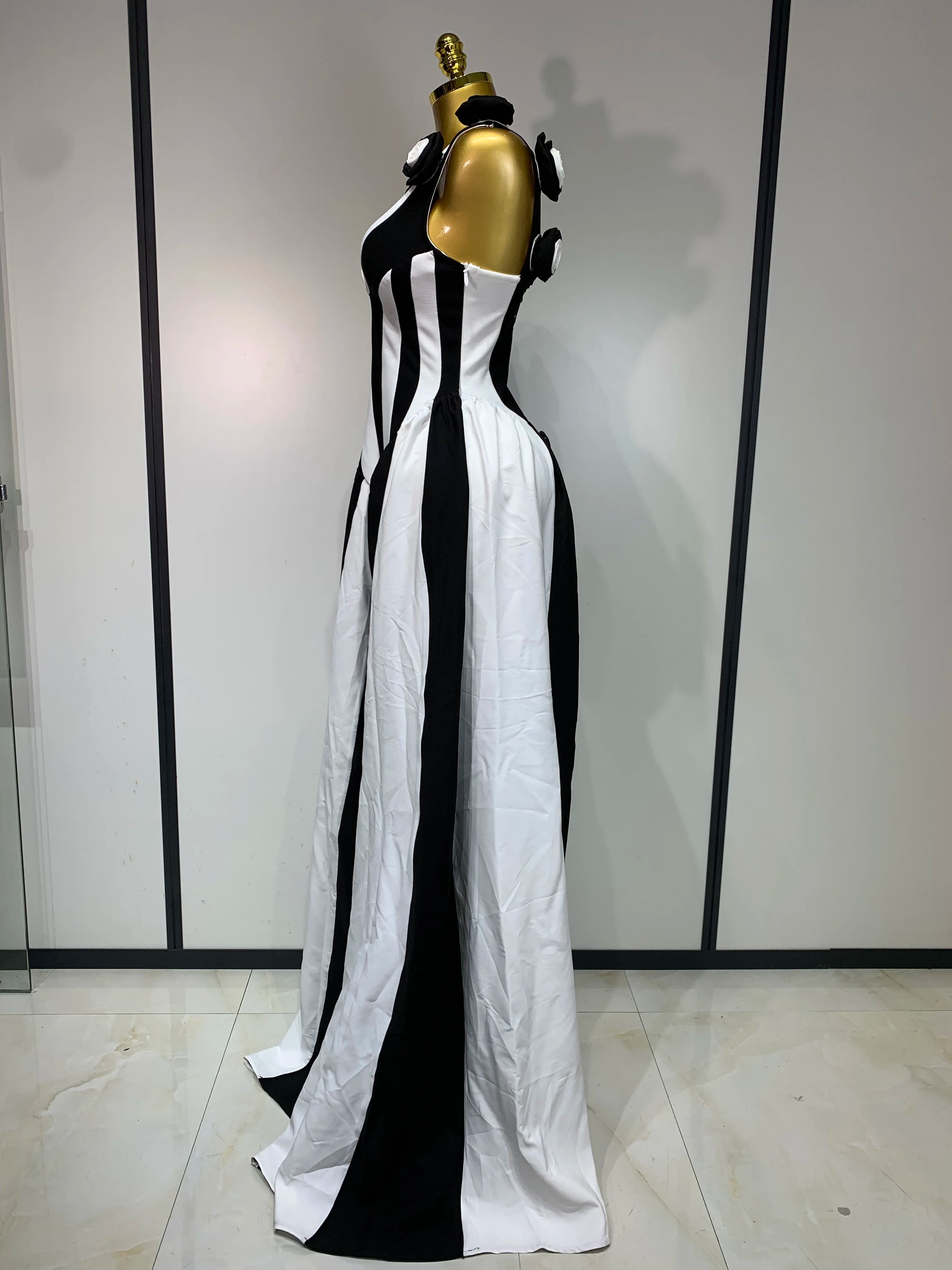 Sexy High fork Sleeveless Bandage Dress Women Flower Black White Stripe Long Dresses Vacation Party Elegangt Party Club Dresses