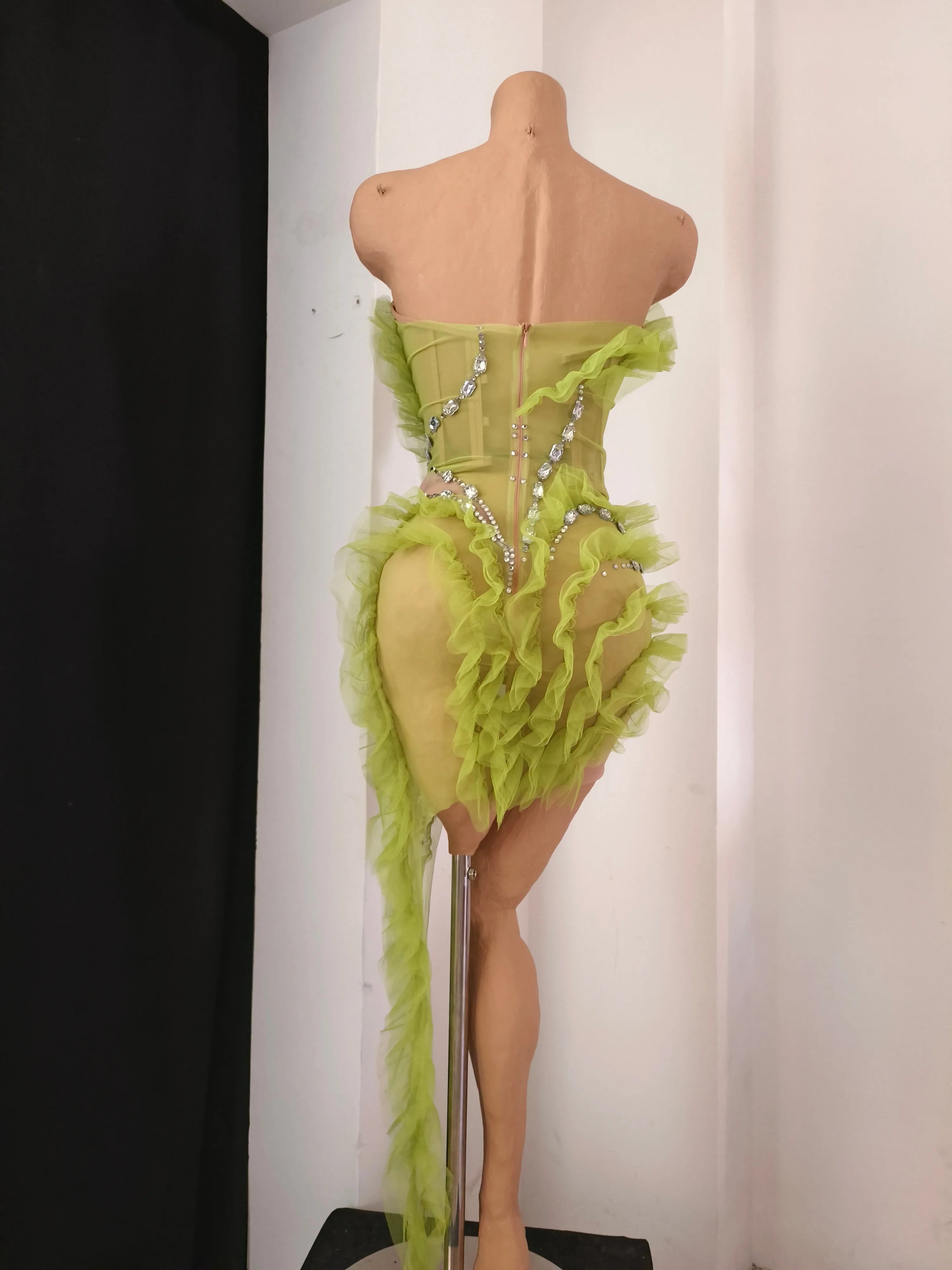 Sparkly Green Sheer Mesh Flowy Ruffle Crystal Rhinestone Dress Slim-fit Nightclub Party Stage Performance Clubwear Outfit