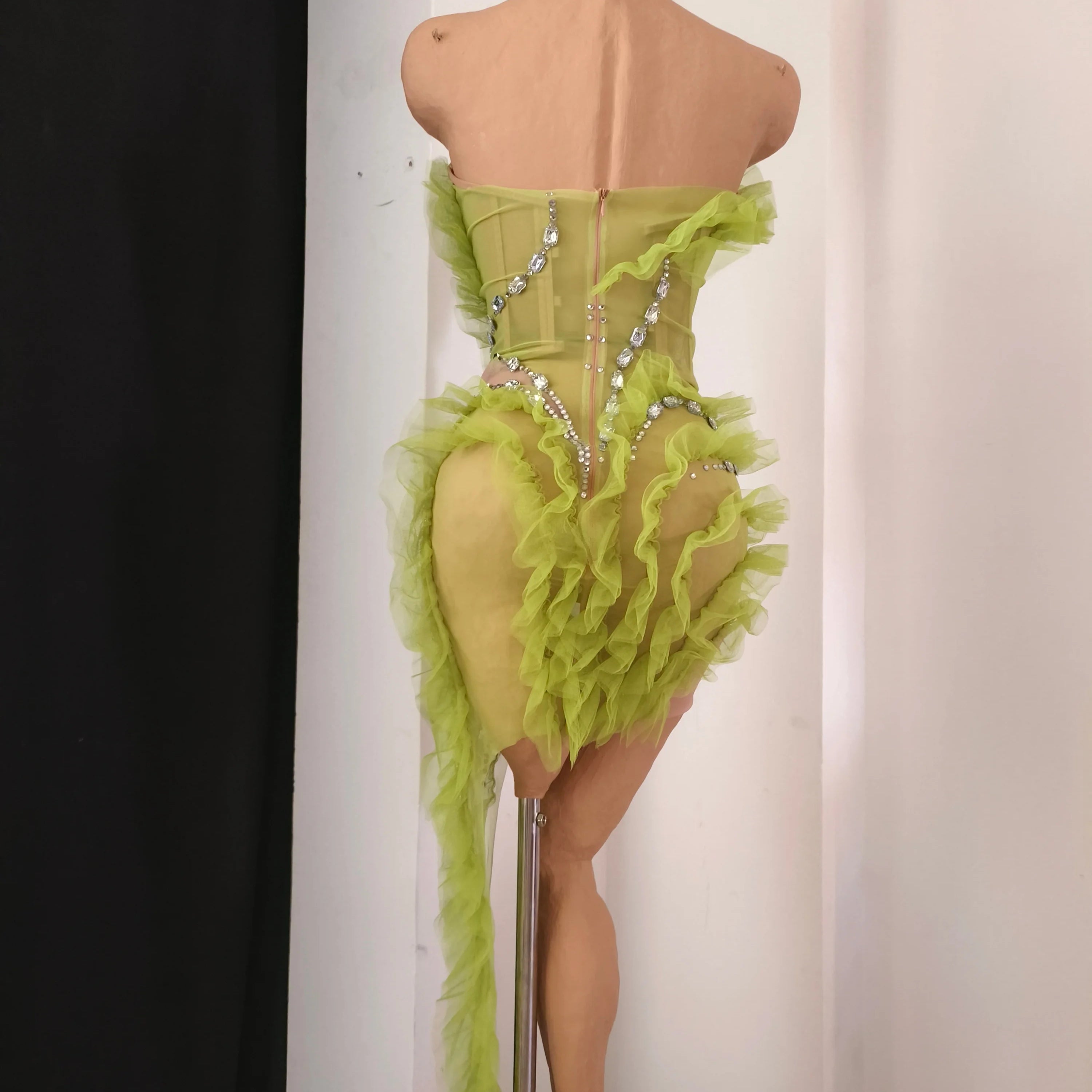 Luxury Green Sheer Mesh Ruffle Dress Neck Crystal Rhinestone Trim Cut Out Slim Fit Evening Wedding Guest Cocktail Party Dress