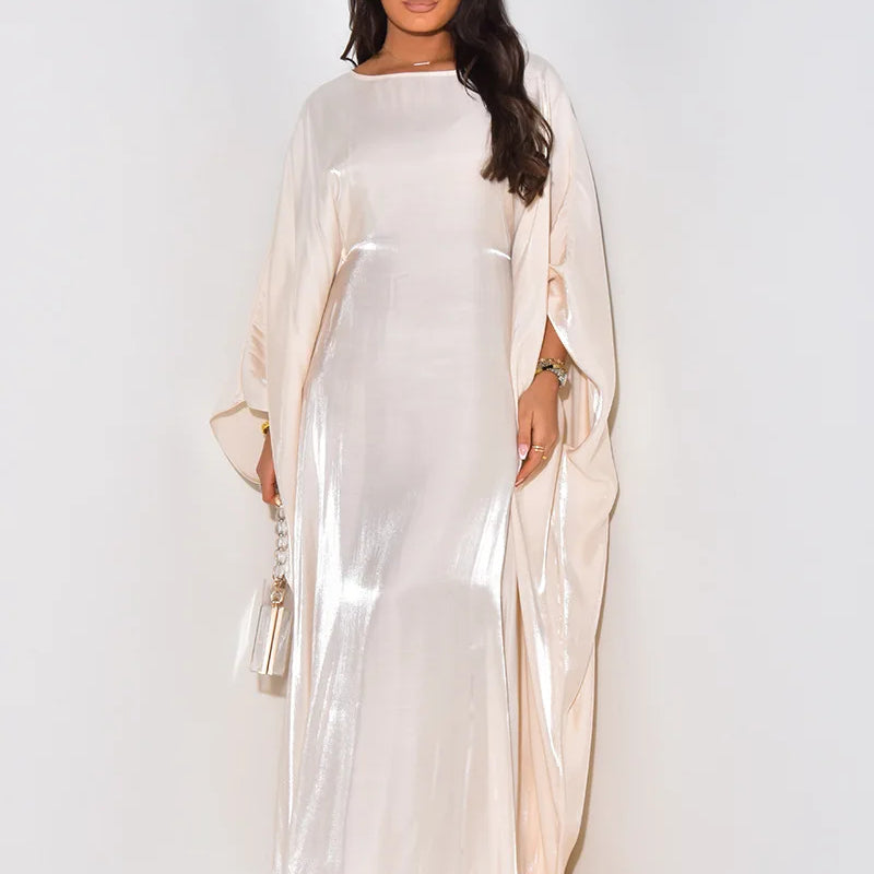 Women Loose O-neck Full Batwing Sleeve Long Maxi Dress Summer Satin Vintage Africa Streetwear Vestido Evening Dresses Apricot One Size
