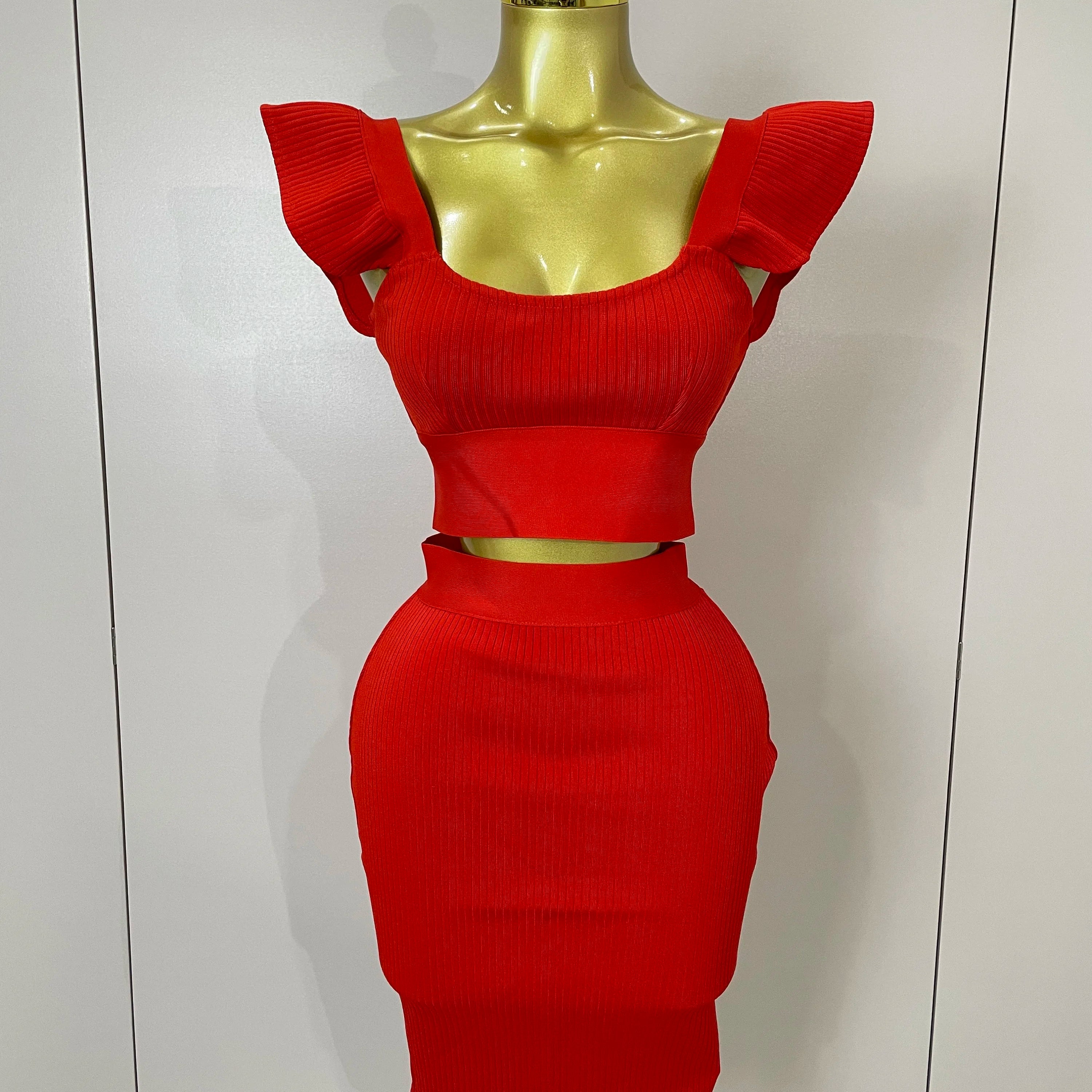 Women 2025 New Sexy Backless Ruffles Red Bandage Two Pices Set 2025 Celebrity Evening Elegance Birthday Party Dress Red