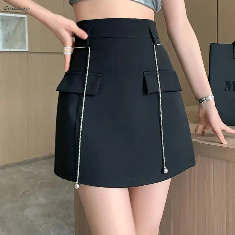 Summer Women High Waist Office Mini Skirt Elegant Casual Black White A-line Short Skirts Korean Style Y2k Streetwear Cargo Skirt black