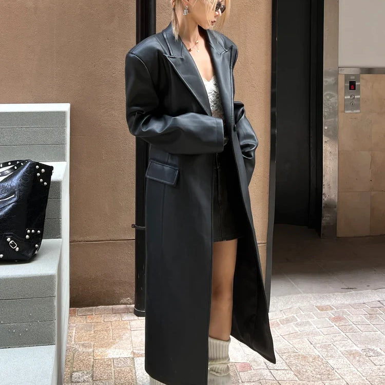 Spring Autumn Extra Long Black Loose Pu Leather Trench Coat for Women Shoulder Pads Double Breasted Faux Leather Blazer