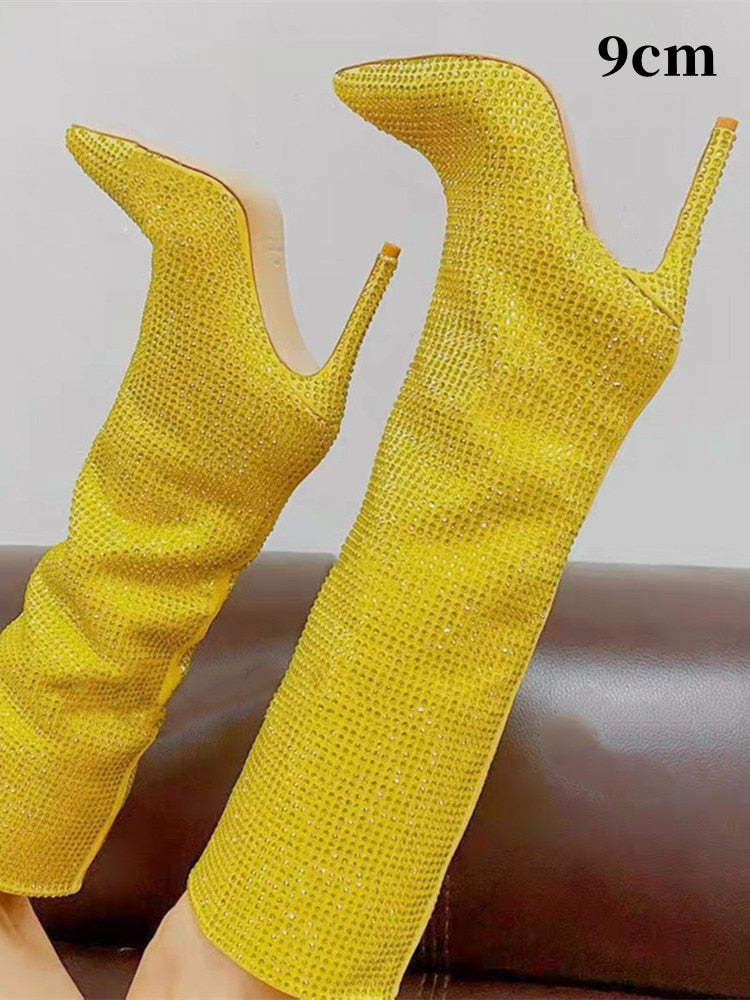 Women's New European and American Fashion Show Starry Sky High-heeled Rhinestone Pointed Nightclub Four Seasons Boots