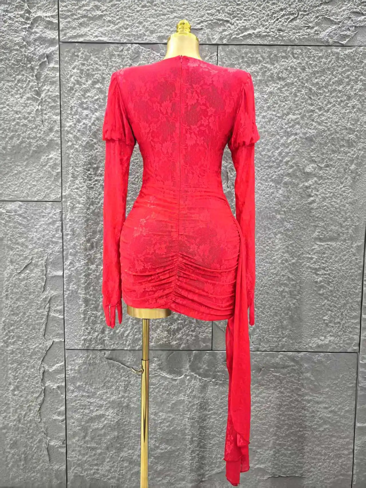 Red Color Christmas Style Women Long Sleeve Sexy Keyholes Bodycon Mini Dress Nightclub Party Celebrate Wedding Outfit