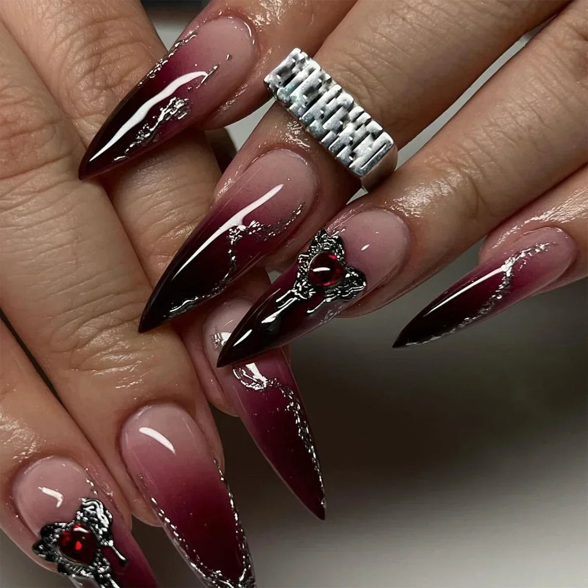 Exaggerate Punk Extra Long Pointed Fake Nails Art Dark Y2K Black Spider Centipede Rhinestone False Nail Press on Nails Manicure MT2552JP3475