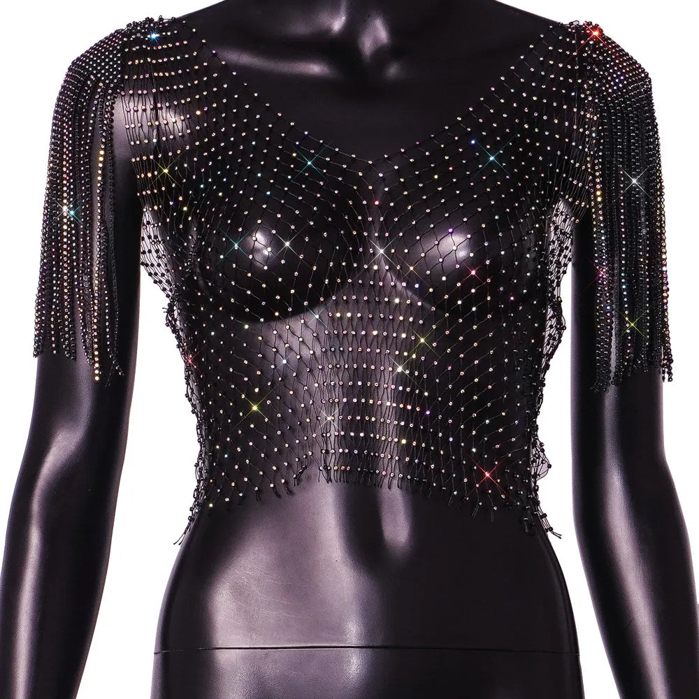 Women's Sexy V-neck Rhinestone Short Crop Top Blink Crystal Tassel Fringe Shoulder Decor Diamond Fishnet Shirt BlackAB