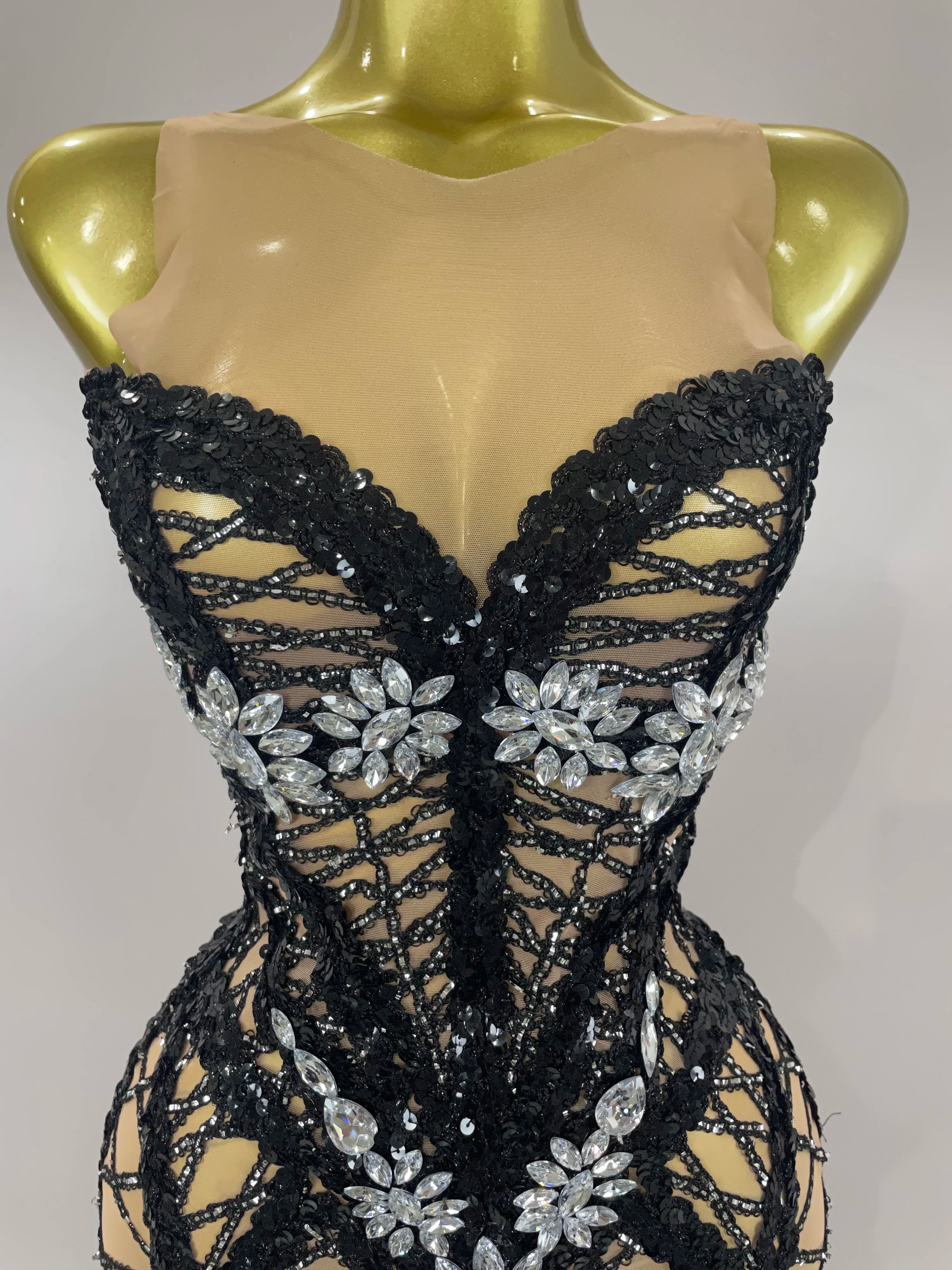 Sparkle Sequins Embroider Sparking Diamonds Long Tassel Sleeveless Mini Dress Women Red Carpet Goddess Stage Performance Costume