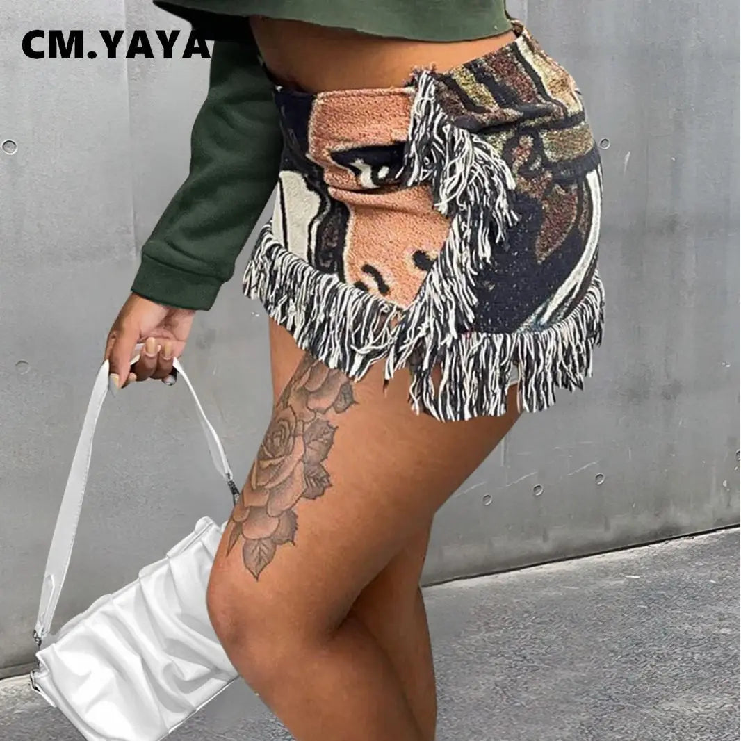 2024 Spring Casual Fashion Pattern Tassel Mini Short Skirt Slim Print Street Female INS Classic Women’s Skirts