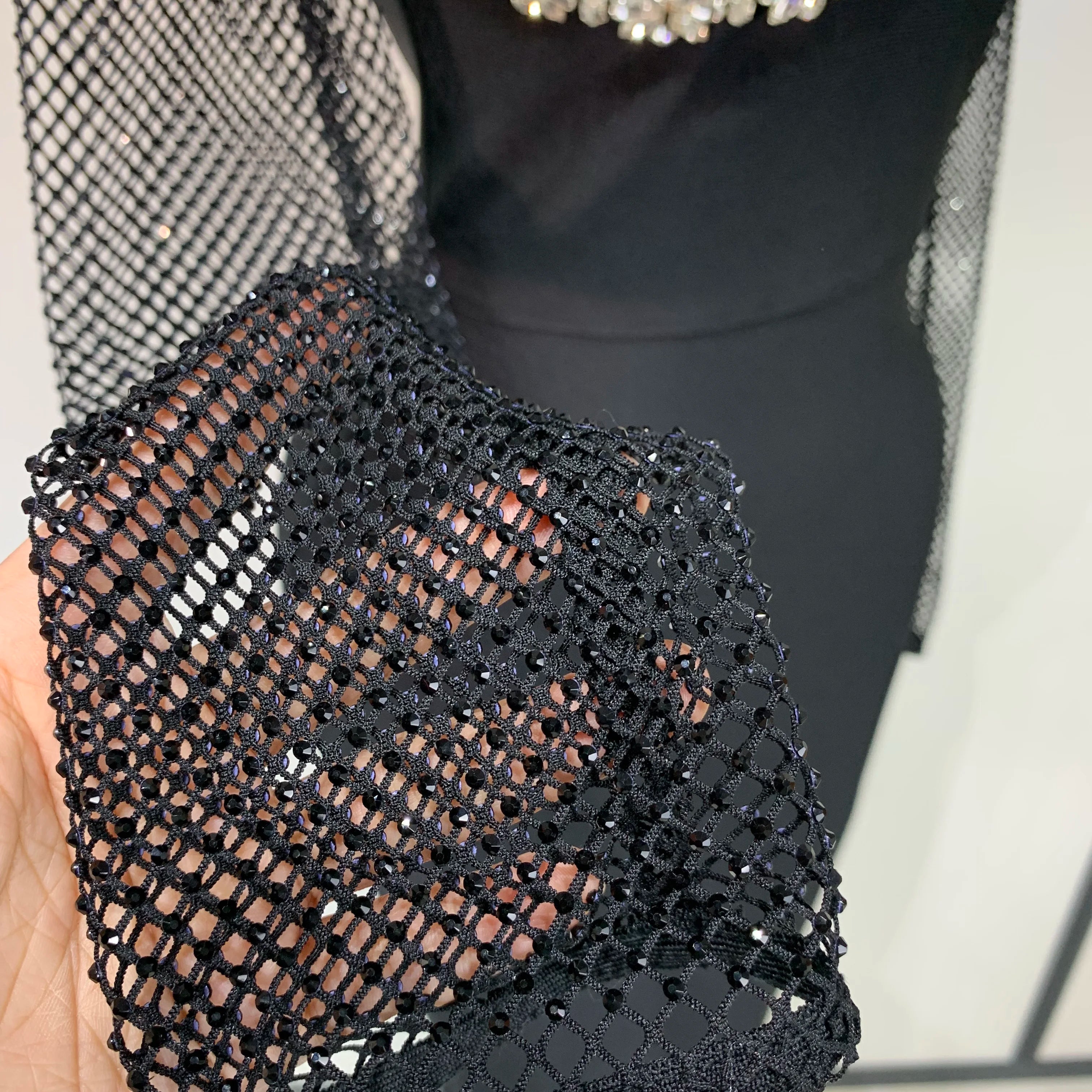 Women Sexy Long Sleeve Beading Black Maxi Long Bandage Dresses Birthday Party Celebrity Elegant Knitted Bodycon Club Dress