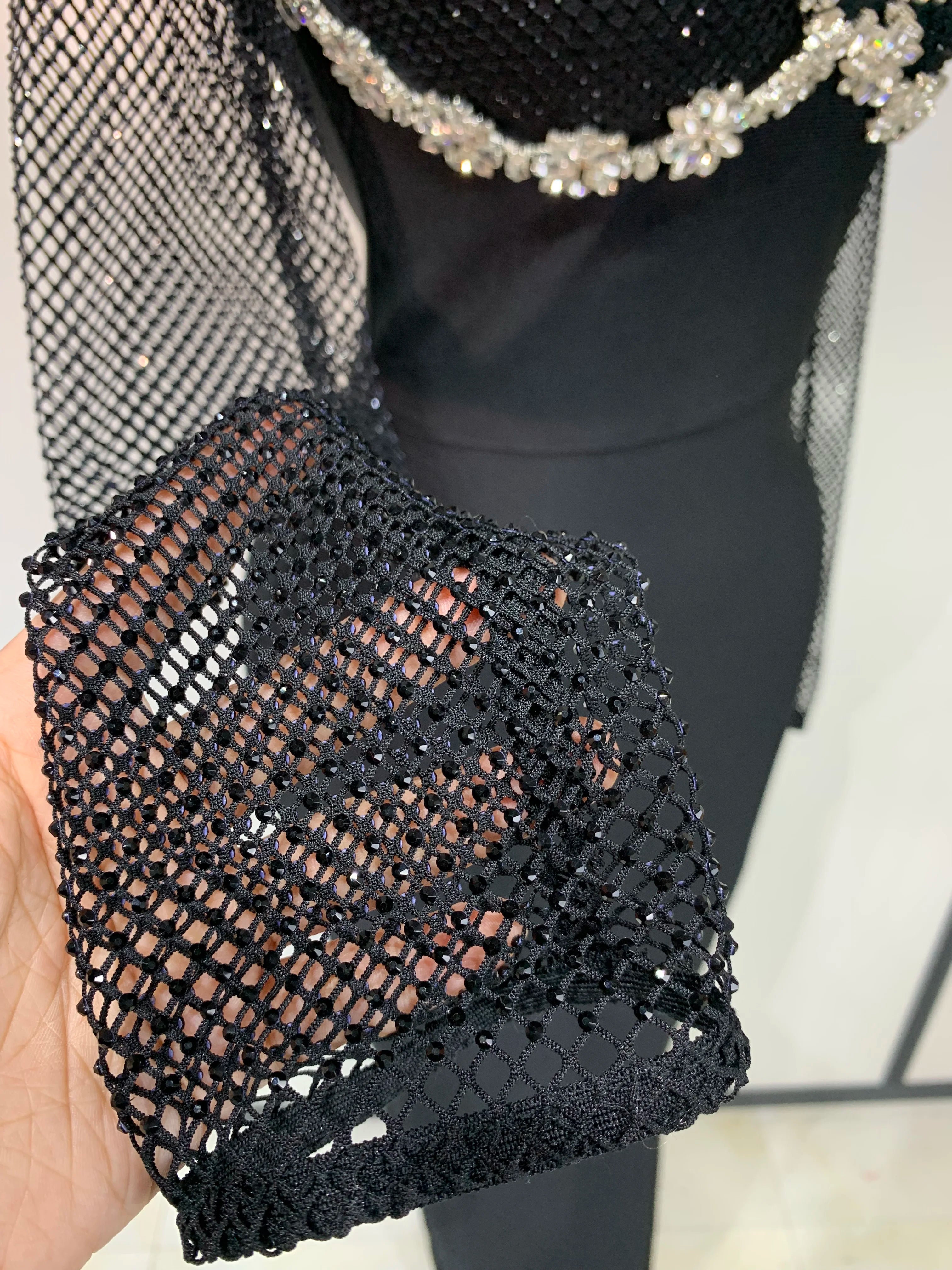 Women Sexy Long Sleeve Beading Black Maxi Long Bandage Dresses Birthday Party Celebrity Elegant Knitted Bodycon Club Dress