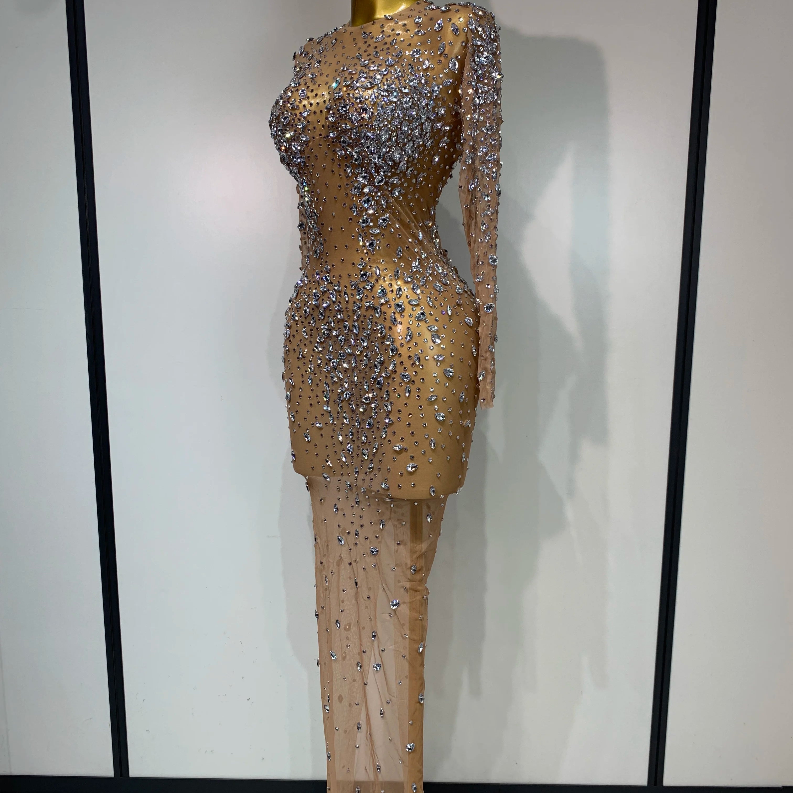 Women Sexy Long Sleeve Bodycon Dress Luxury Birthday Evening Party Glitter Rhinestones Mesh See Through Prom Gown Stage Outfit