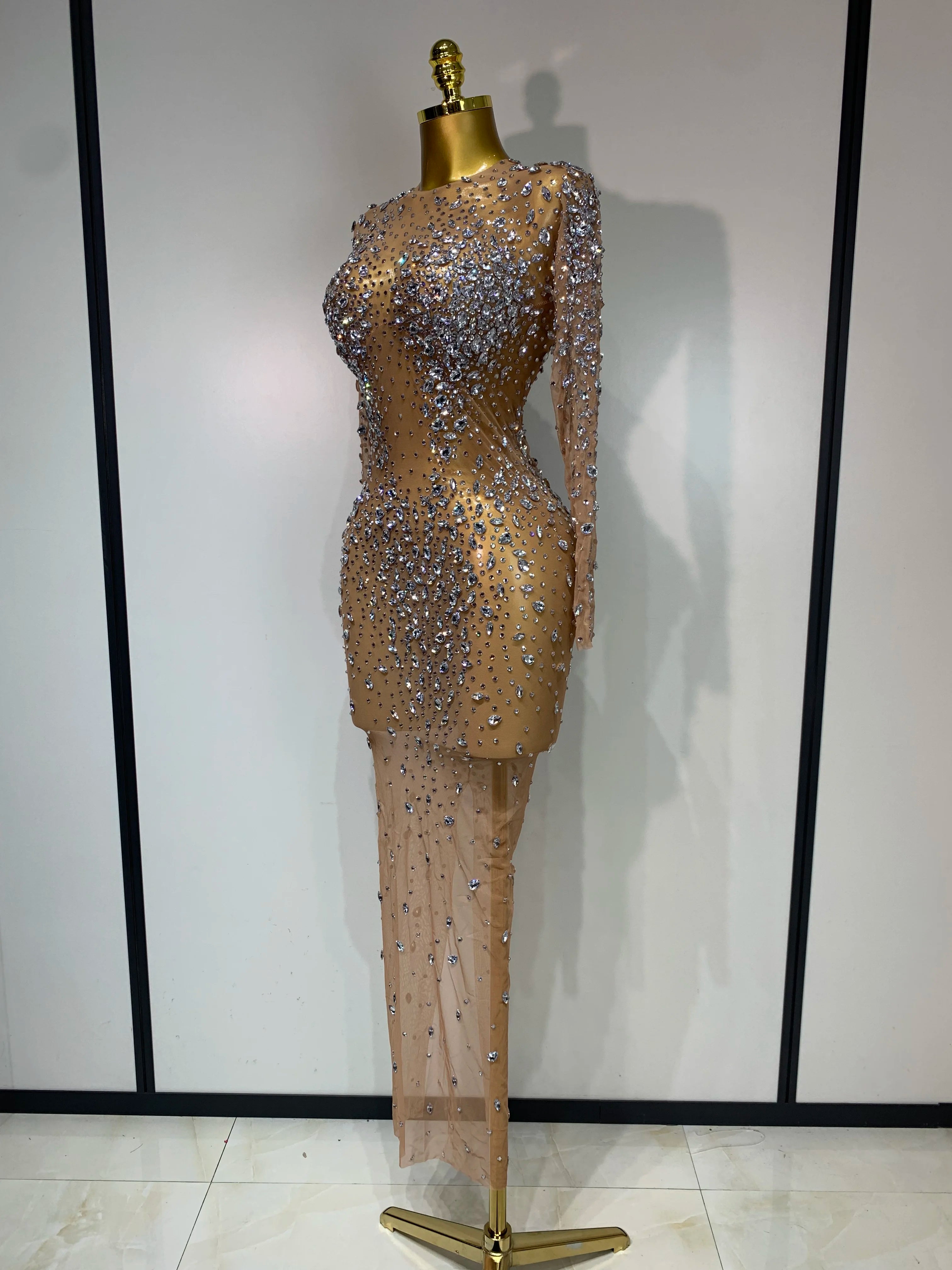 Women Sexy Long Sleeve Bodycon Dress Luxury Birthday Evening Party Glitter Rhinestones Mesh See Through Prom Gown Stage Outfit