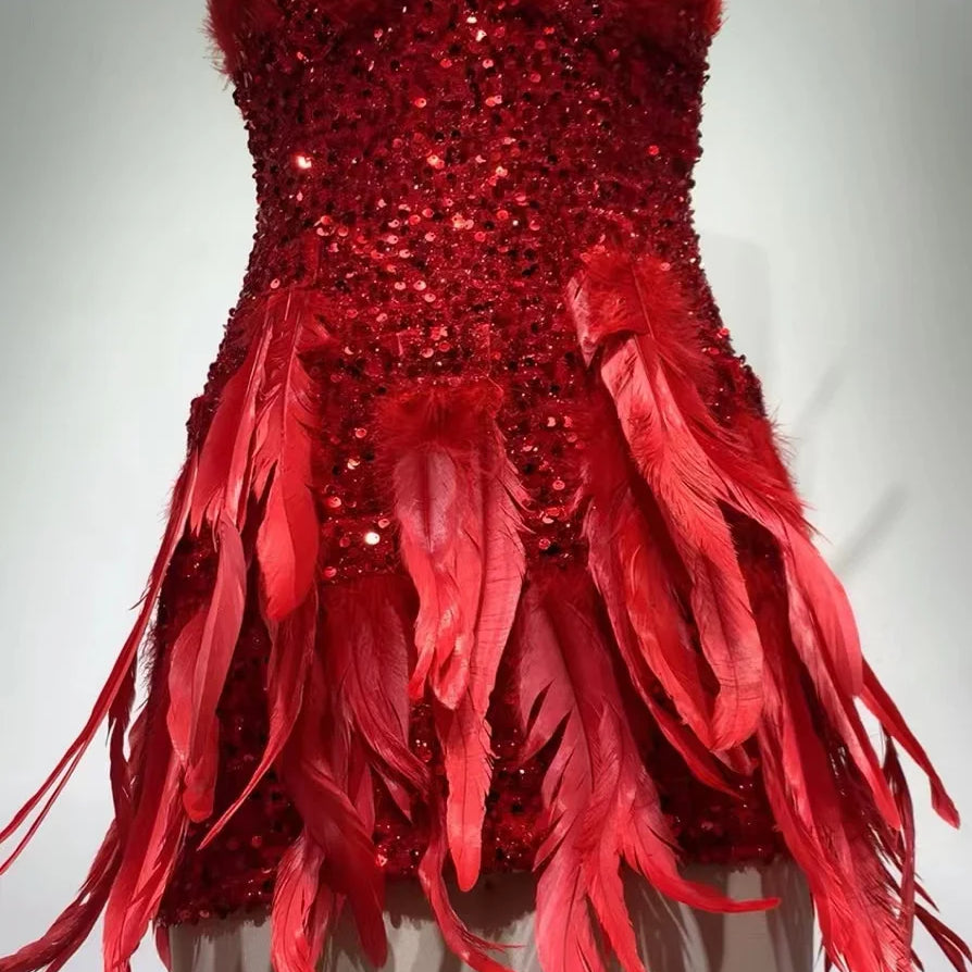 Luxurious 2023 New Spring Red Color Women Strapless Feathers Bodycon Mini Dress Celebrate Birthday Cocktail Party Dress