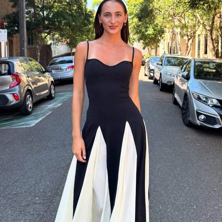 2025 Summer Elegant Contrast Patchwork Lady Spaghetti Strap Maxi Dress Backless Sleeveless High Waist A-line Robe Party Dresses