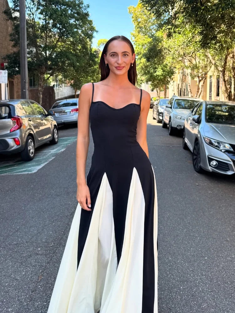 2025 Summer Elegant Contrast Patchwork Lady Spaghetti Strap Maxi Dress Backless Sleeveless High Waist A-line Robe Party Dresses