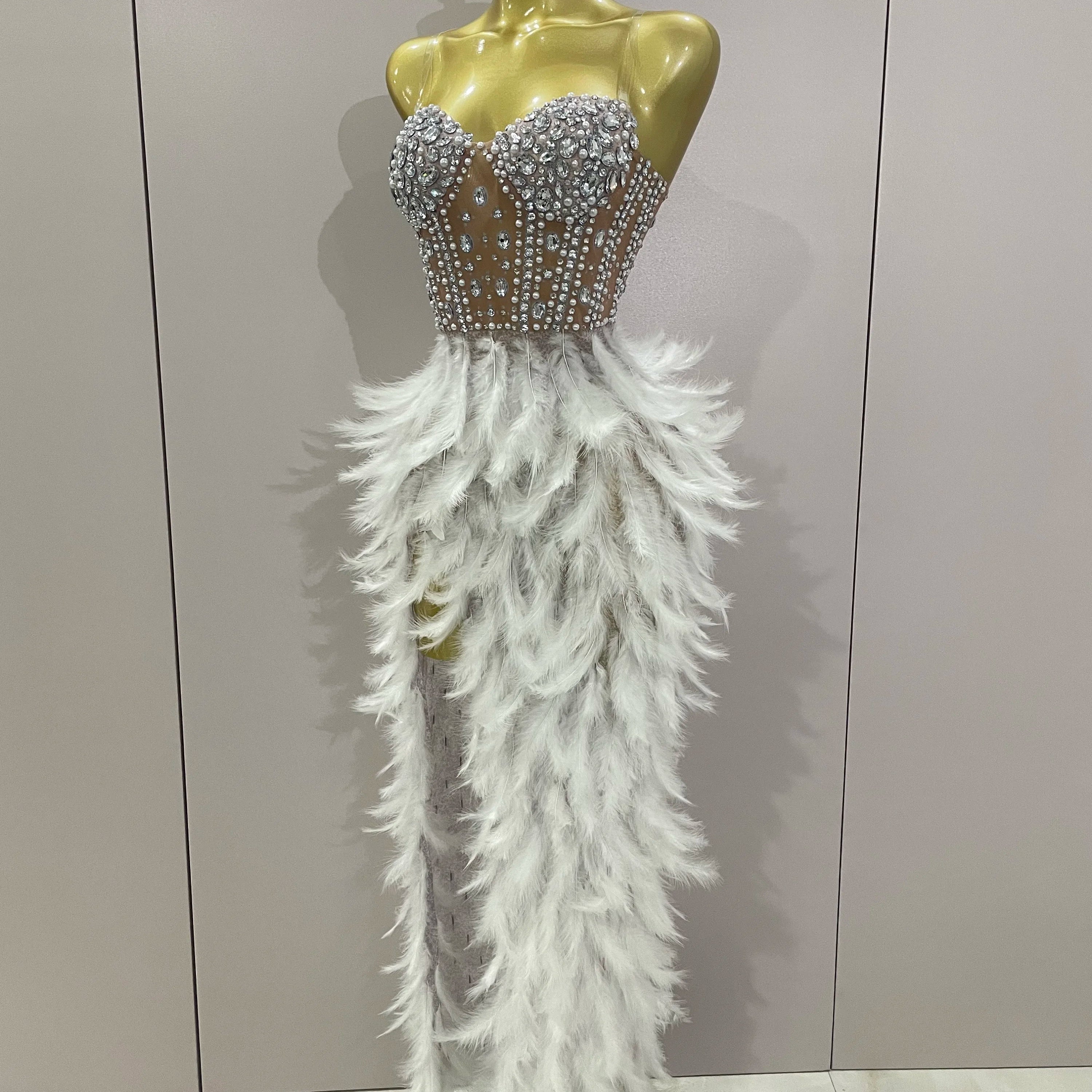 2025 Luxury Sparkle Rhinestone White Feather Sexy Mesh Long Dress Women Evening Party Birthday Performance Photoshoot Costume
