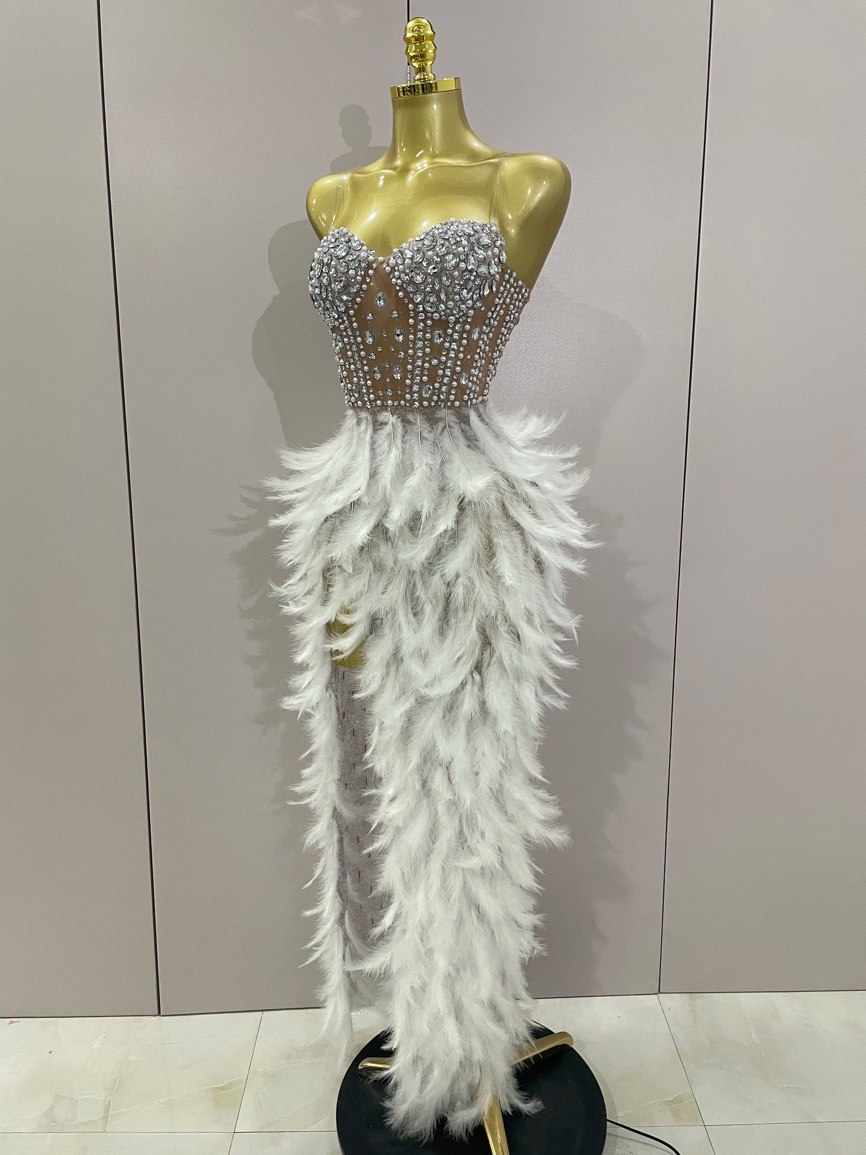 2025 Luxury Sparkle Rhinestone White Feather Sexy Mesh Long Dress Women Evening Party Birthday Performance Photoshoot Costume