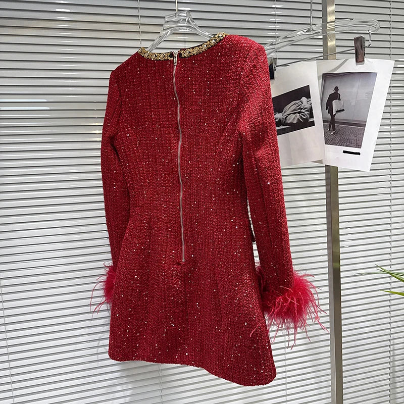 Winter New Fashion High-End Gold Rhinestone Beaded Edge Waist-Cinching Tweed Dress For Women Elegant Dresses 11A07688