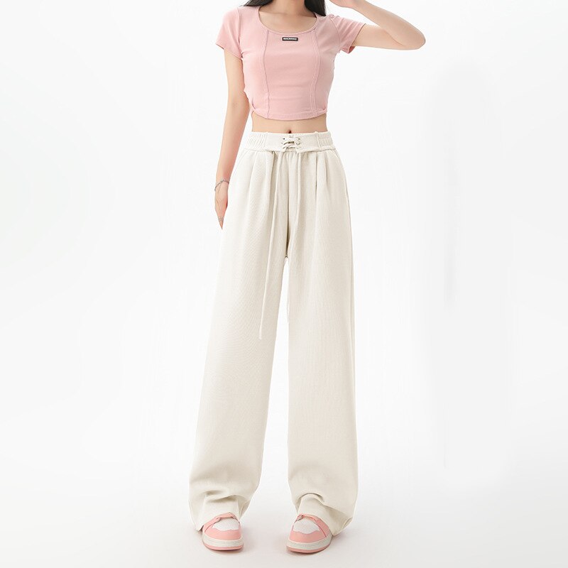 Women Spring Autumn Pants Fashion High Waist Straight Long Wide leg Sports pants Female Casual Female Long Pants Trousers Beige