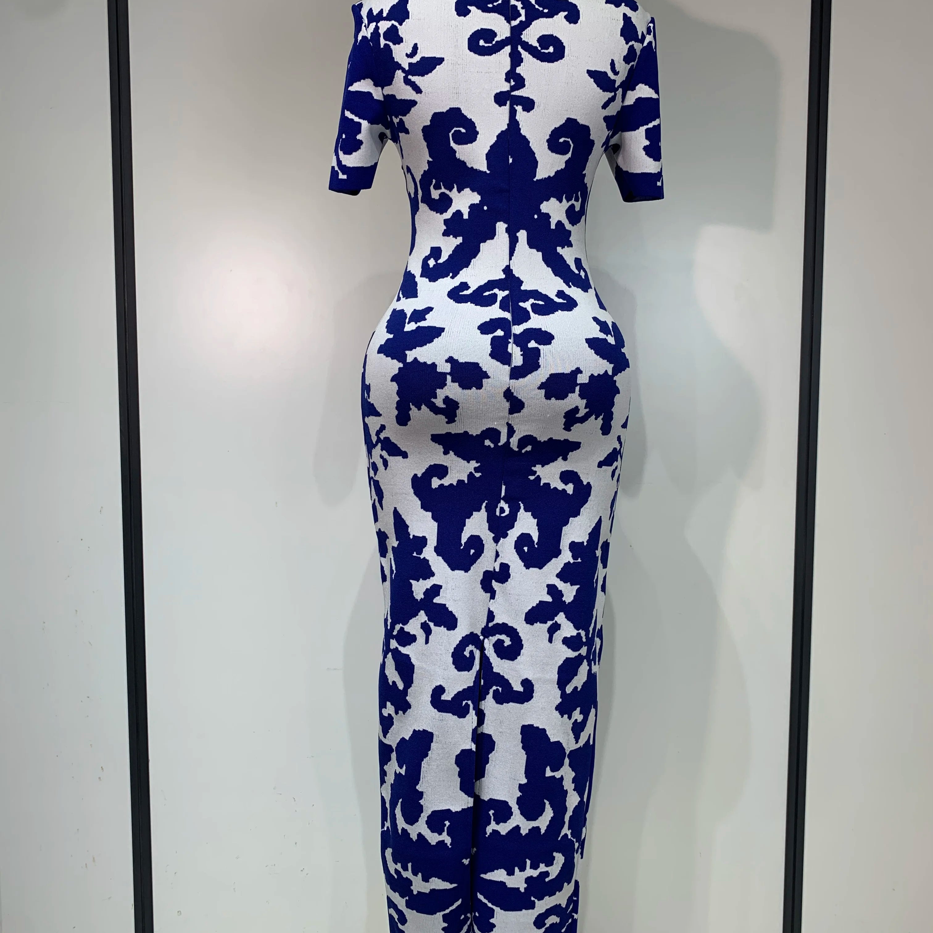 Women Sexy Short Sleeve Jacquard Blue Maxi Long Bodycon Bandage Dress 2025 Celebrity Elegant Evening Club Party Luxury Dresses