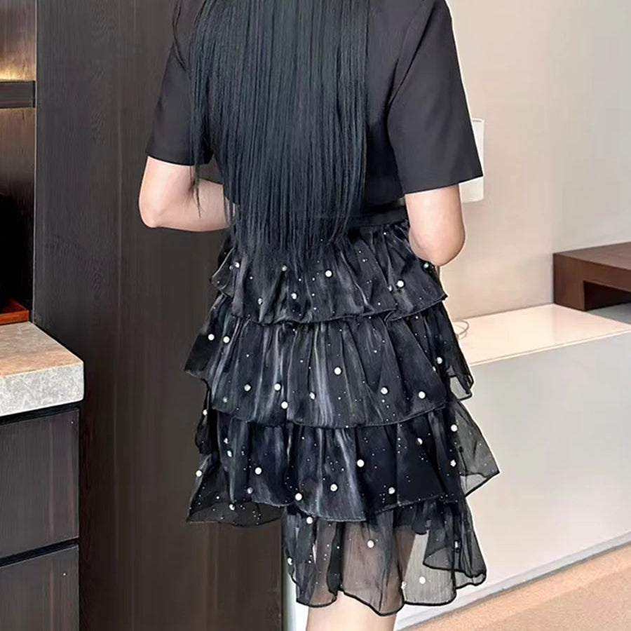 Solid Spliced Bead Belt Elegant Dresses for Women Lapel Short Sleeves Patchwor Ruffles Dress Female Clothing New