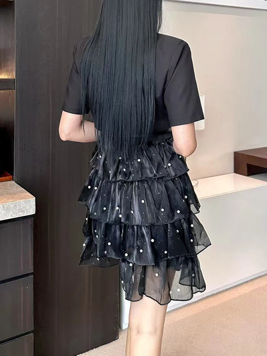 Solid Spliced Bead Belt Elegant Dresses for Women Lapel Short Sleeves Patchwor Ruffles Dress Female Clothing New