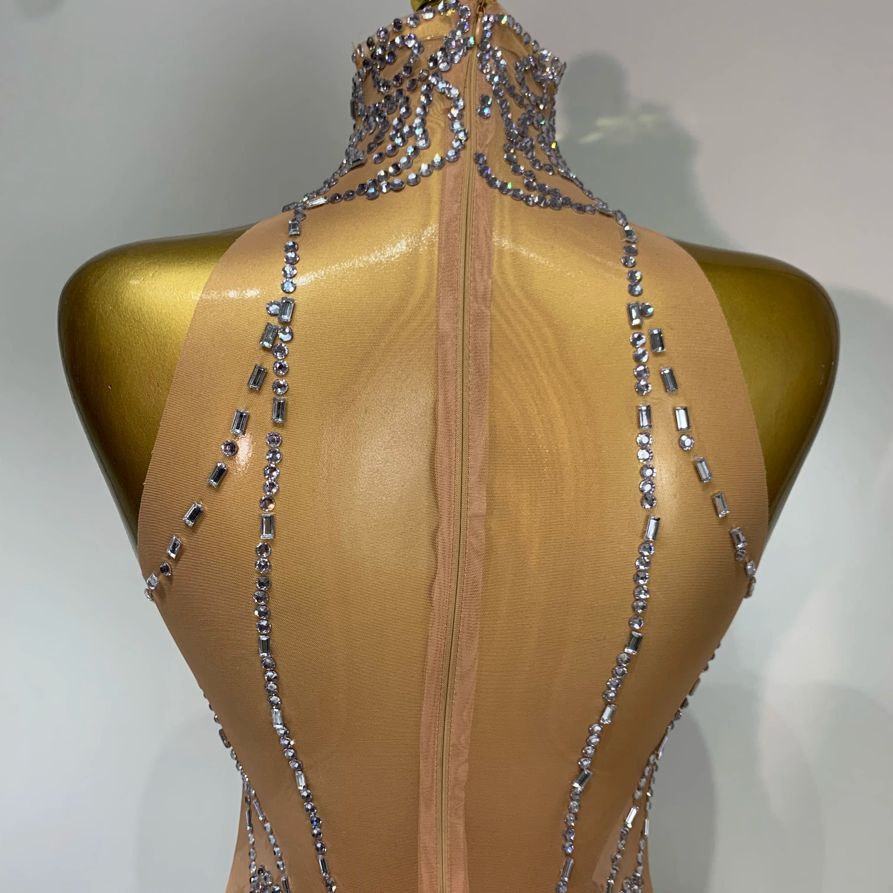 Luxury Women Sexy Sparkly Rhinestone Sleeveless Mesh See Through Bodycon Mini Birthday Dress Evening Party Performance Costume