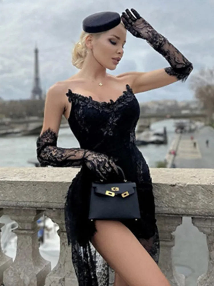 Women Summer Sexy Strapless Backless Black Lace Gloves Maxi Long Dress 2023 Elegant Evening Party Club Dress