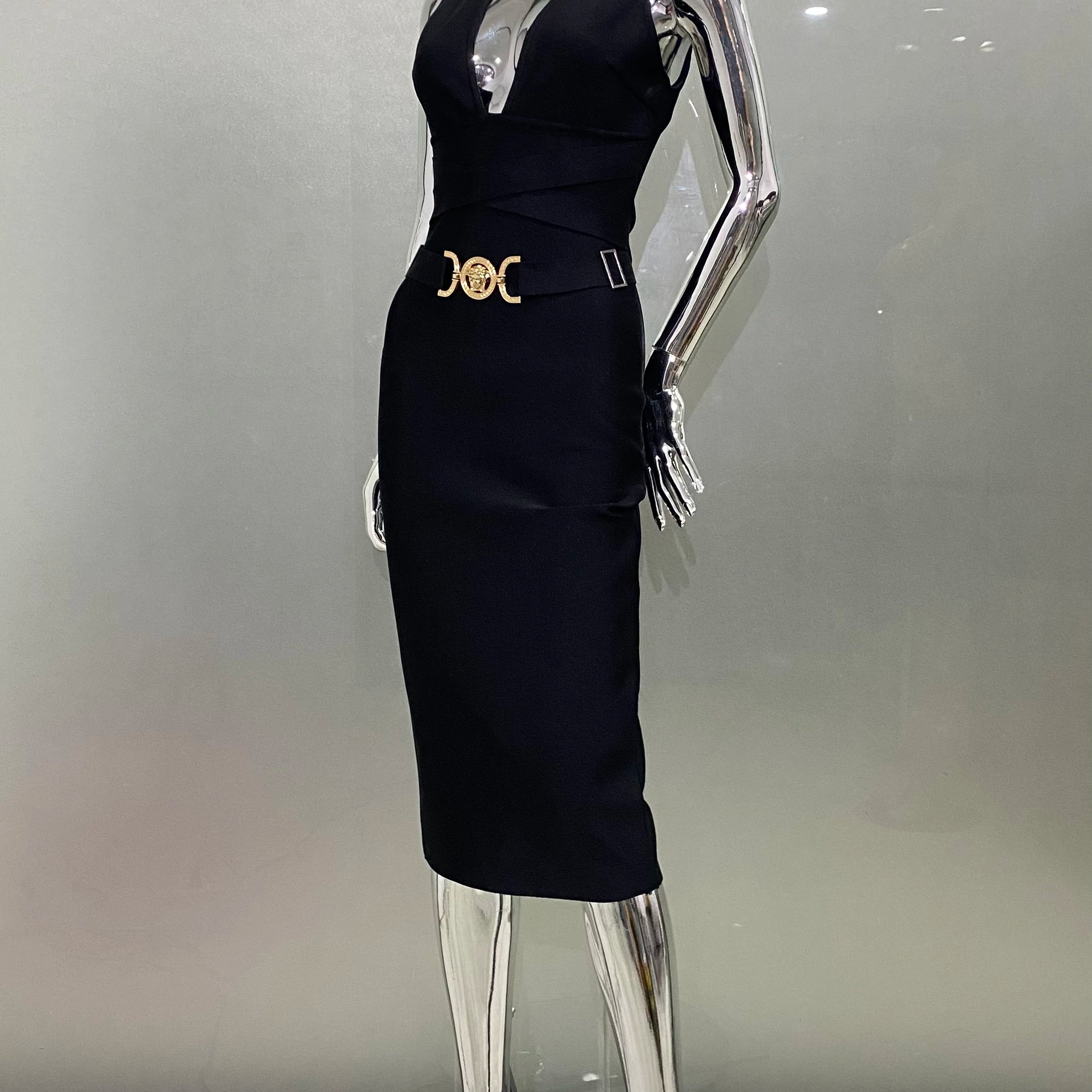 2024 Fashion Diamond Girdle Sleeveless Package Hips Midi Calf Bandage Dress Elegant Woman Evening Dress Celebrity Party Vestido