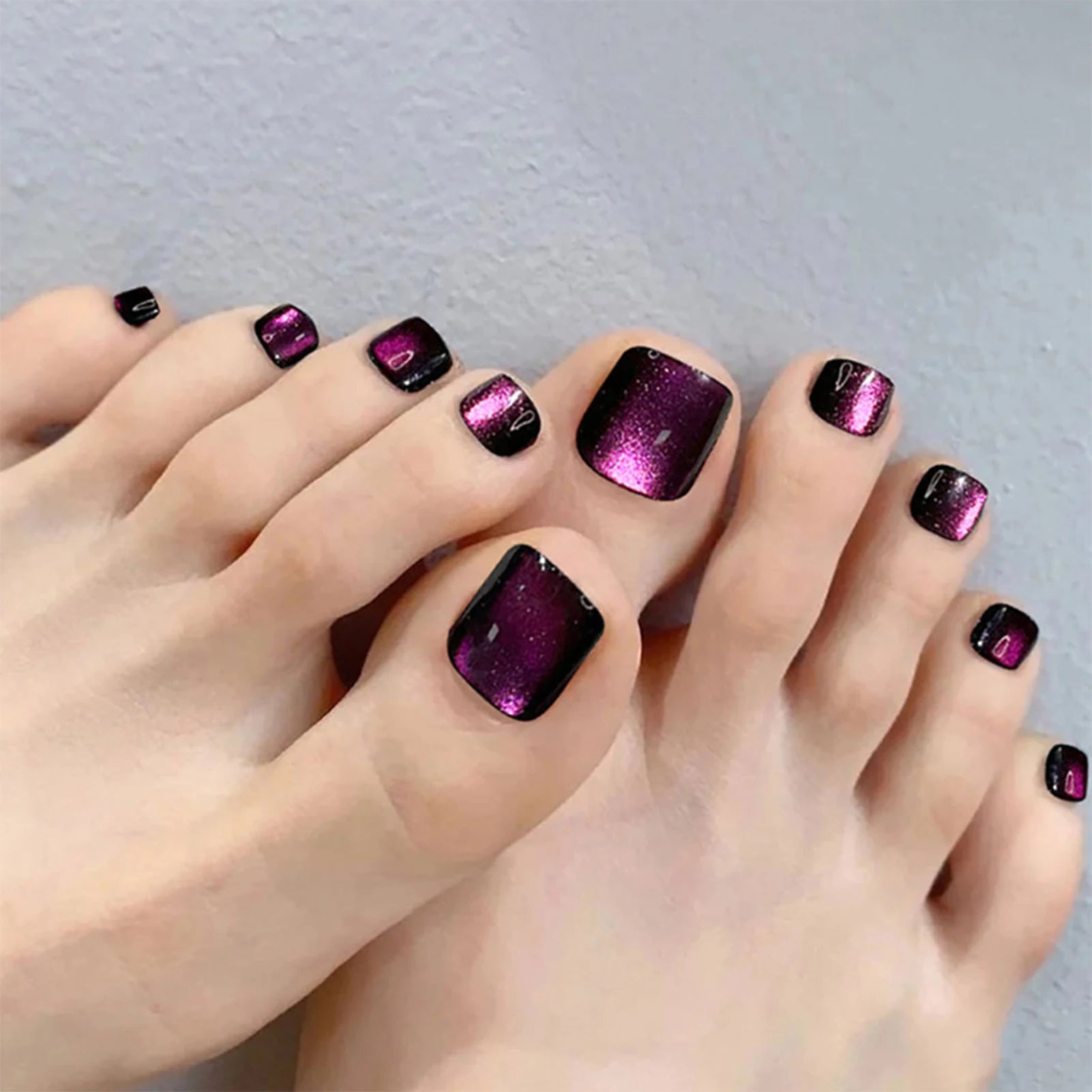 24pcs Summer False Toenails Aurora Cat Eye Fake Toenail Patches Beach Wearable Detachable Square Head Press on Toe Nails 6